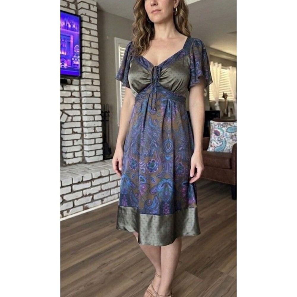 Steps Every Day Chic Paisley Polka Dot Satin Dress Sz XS - 34 Empire Boho Y2K